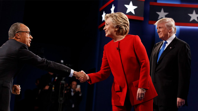 Lester Holt was accused by Donald Trump of being a Democrat, like Hillary Clinton, right. They are shown at a Sept. 26, 2016, debate. (Credit: YouTube)